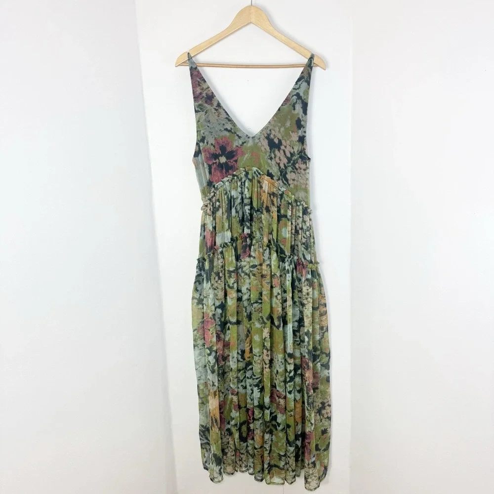 Free People Julianna Maxi Dress M Floral Chiffon Green Tiered Boho Fairy Whimsy - Picture 4 of 16